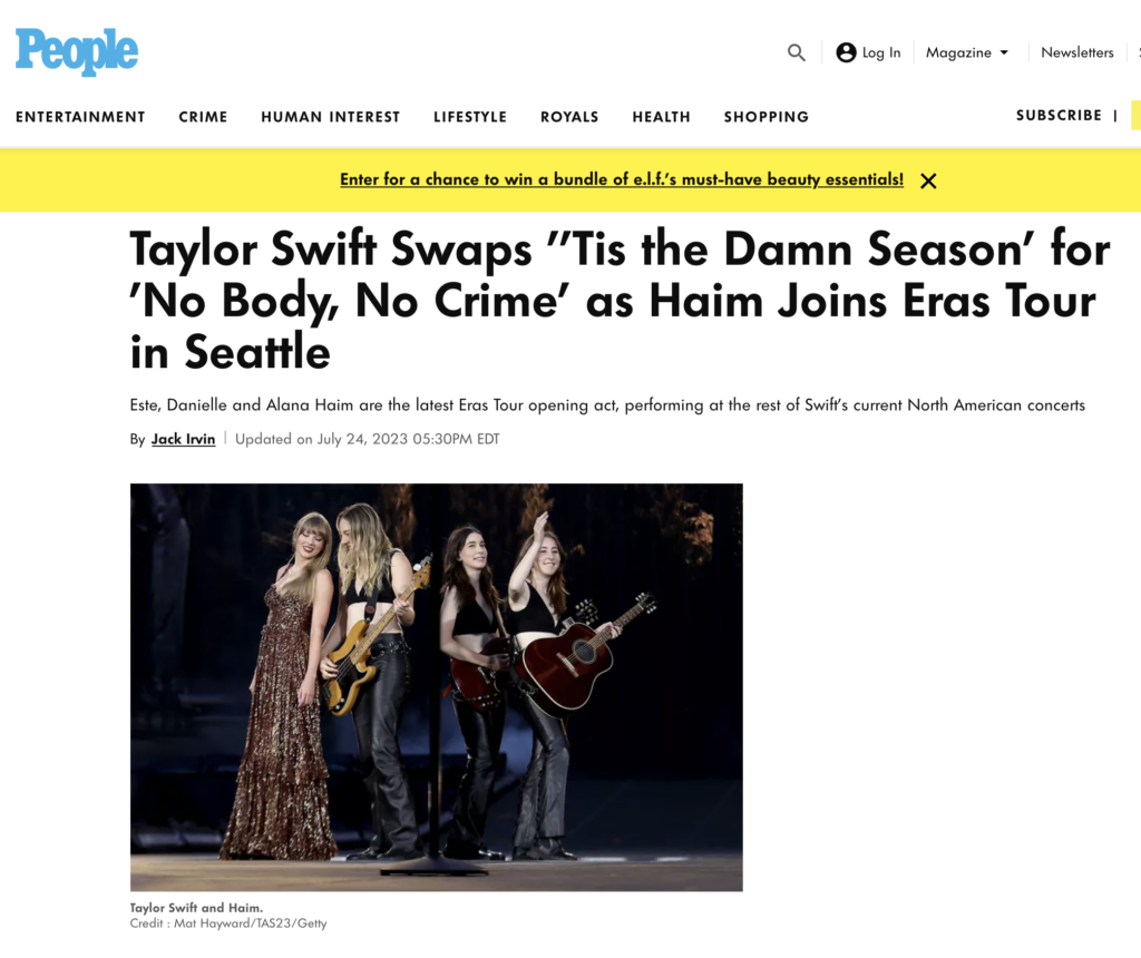 Taylor Swift and Haim published in People Magazine. Photo by Seattle event photographer Mat Hayward.