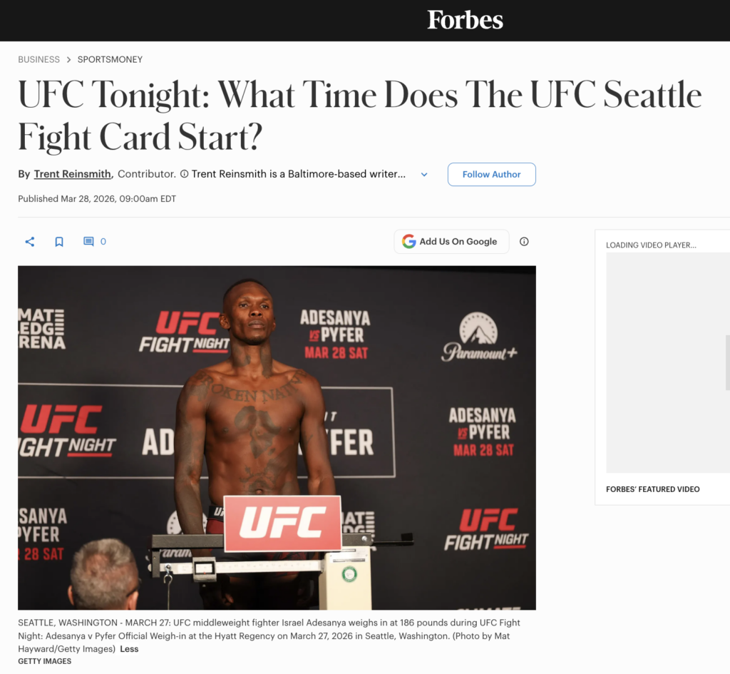 Israel Adesanya for UFC Seattle in Forbes magazine. Image by Seattle sports and event photographer Mat Hayward