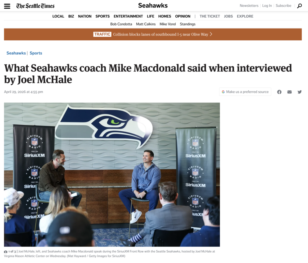 Joel McHale interviews Seattle Seahawks head coach Mike Macdonald for SiriusX. Published in the Seattle Times. 